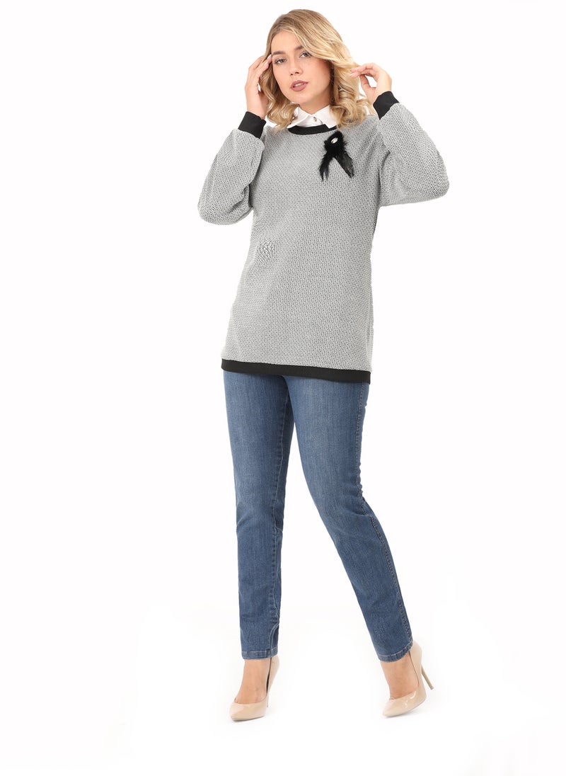 Smoky Egypt Jacquard Fashion SweatShirt With Removable Feather Brooch - Black - Image 2