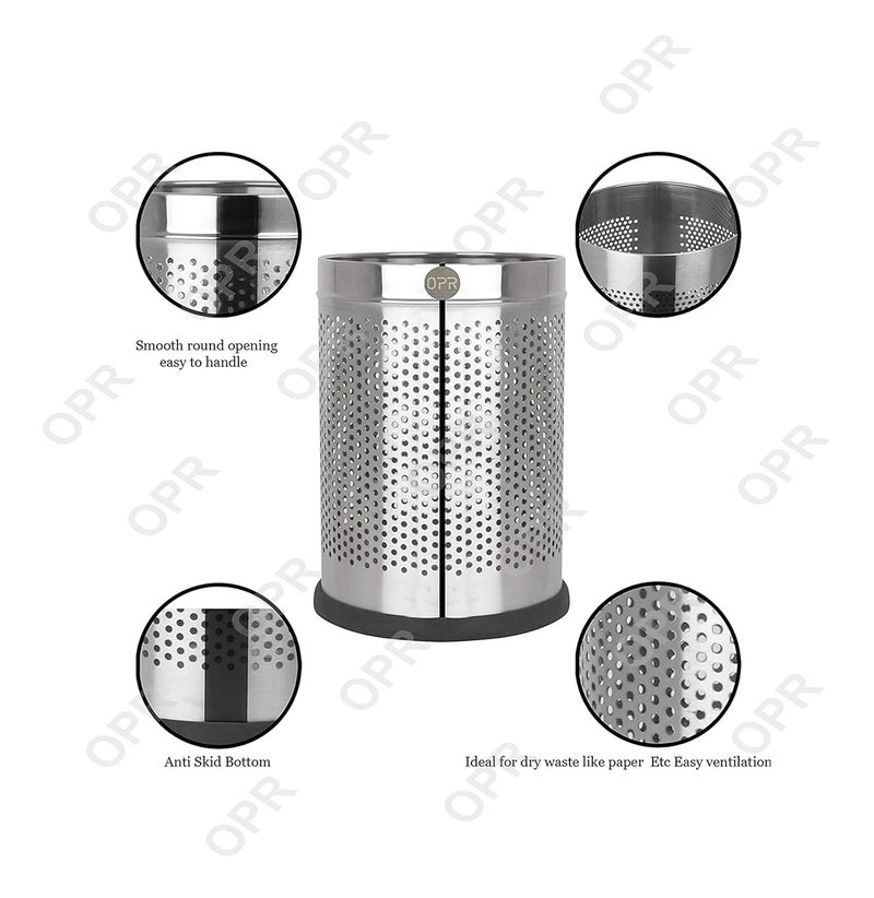 OPR 18 Ltr Stainless Steel Open Perforated Dustbin Without Lid| Waste Bin For Home, Bedroom, washrooms, Office, Kitchen, Bathroom| Perforated Dustbin- Silver| (10X14-18 LTR) - Image 2
