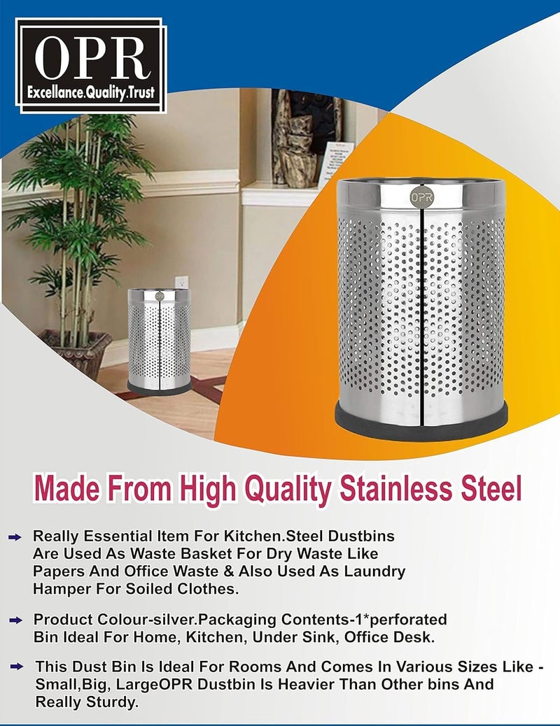 OPR 18 Ltr Stainless Steel Open Perforated Dustbin Without Lid| Waste Bin For Home, Bedroom, washrooms, Office, Kitchen, Bathroom| Perforated Dustbin- Silver| (10X14-18 LTR) - Image 4
