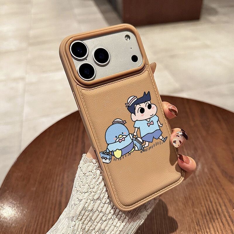 Apple iPhone 17 Pro Max phone case with a brown cartoon design featuring crayon-style characters for added protection against drops