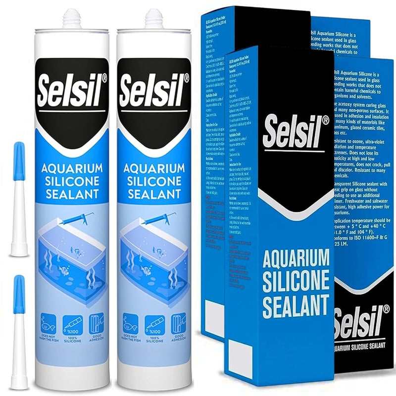 Selsil مانع تسرب السيليكون للأحواض الزجاجية، عالي المرونة، آمن للأسماك، خالي من المذيبات 100%، غير سام 100%، للمياه العذبة والمالحة، 10.14 أونصة سائلة (300 مل) شفاف (عبوتان) - Image 1