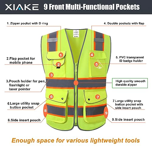 XIAKE 9 Pockets High Visibility Reflective Safety Vest with 2 Inch Dual Tone Reflective Strips,Meets ANSI/ISEA Standard,Neon Yellow,4X-Large - Image 3