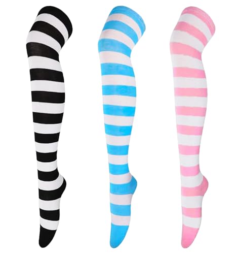 Chalier 3 Pairs Womens Long Striped Socks Over Knee Thigh High Socks Stocking, Wide Stripes, One Size - Image 1