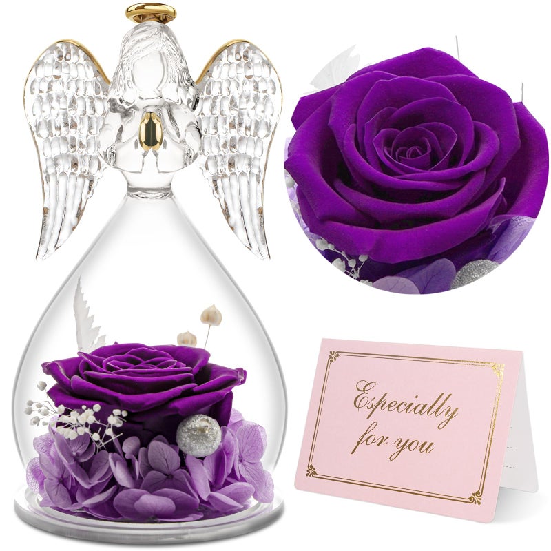 Yamonic Preserved Real Rose in Glass Angel Figurine Gifts for Women Eternal Rose Gifts for HerBirthday Gifts for Mum Grandma WifePreserved Rose Angel Gift for Women on Christmas Anniversary