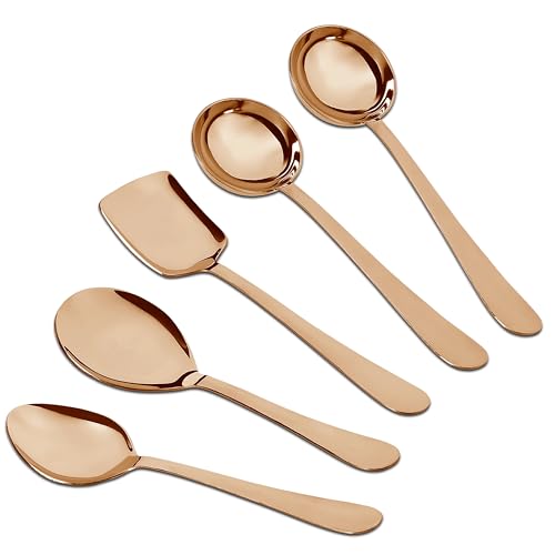 Parage 5 Pieces Stainless Steel Serving Spoons Set for Dining Table/Kitchen, 1.8 mm Heavy Gauge (1 Soup Ladle (Karchi), 1 Solid Spoon (Chamcha), 1 Rice Spoon) (Steel Rose, Pack of 5) - Image 1