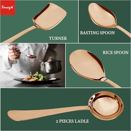 Parage 5 Pieces Stainless Steel Serving Spoons Set for Dining Table/Kitchen, 1.8 mm Heavy Gauge (1 Soup Ladle (Karchi), 1 Solid Spoon (Chamcha), 1 Rice Spoon) (Steel Rose, Pack of 5) - Image 2