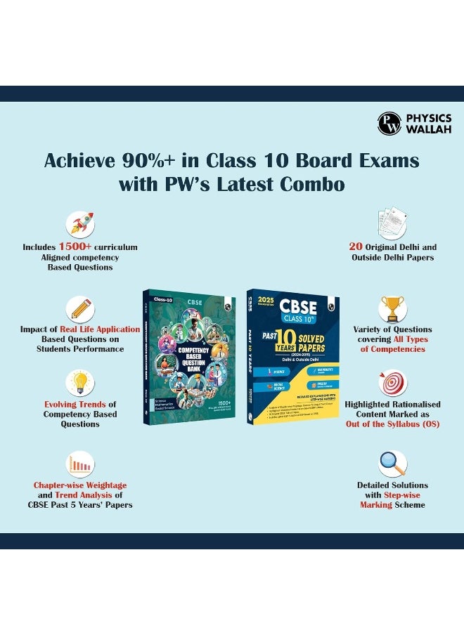 PW (Physics Wallah) CBSE Class 10 Competency Based Question Bank | 1500+ Competitive Based Questions | Chapter Wise | Sci, SST & Math, PYQs - Past 10 Years' Solved Papers (Set of 2 Books) (2024-2025)
