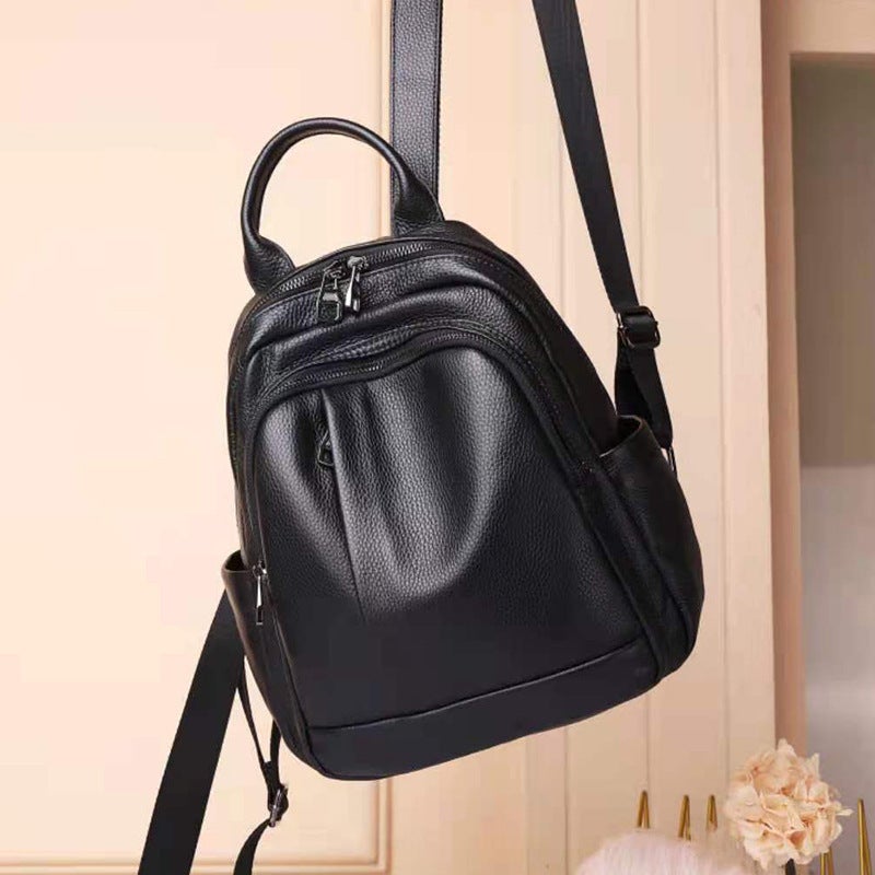 Genuine Leather Womens Bag 2023 New Top Layer Cowhide Casual Backpack Fashion Womens Backpack Tiktok Live 8079 Black [spot]