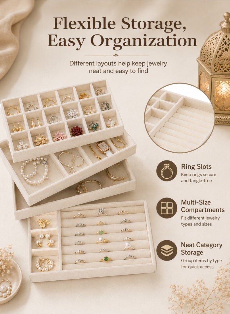 YIM-VIBEHAUS 4Pcs Stackable Jewelry Organizer Trays for Drawers Display Case Storage Container Earring Necklace Rings Bracelet with Removable Dividers Jewelry Box (Beige) - Image 3