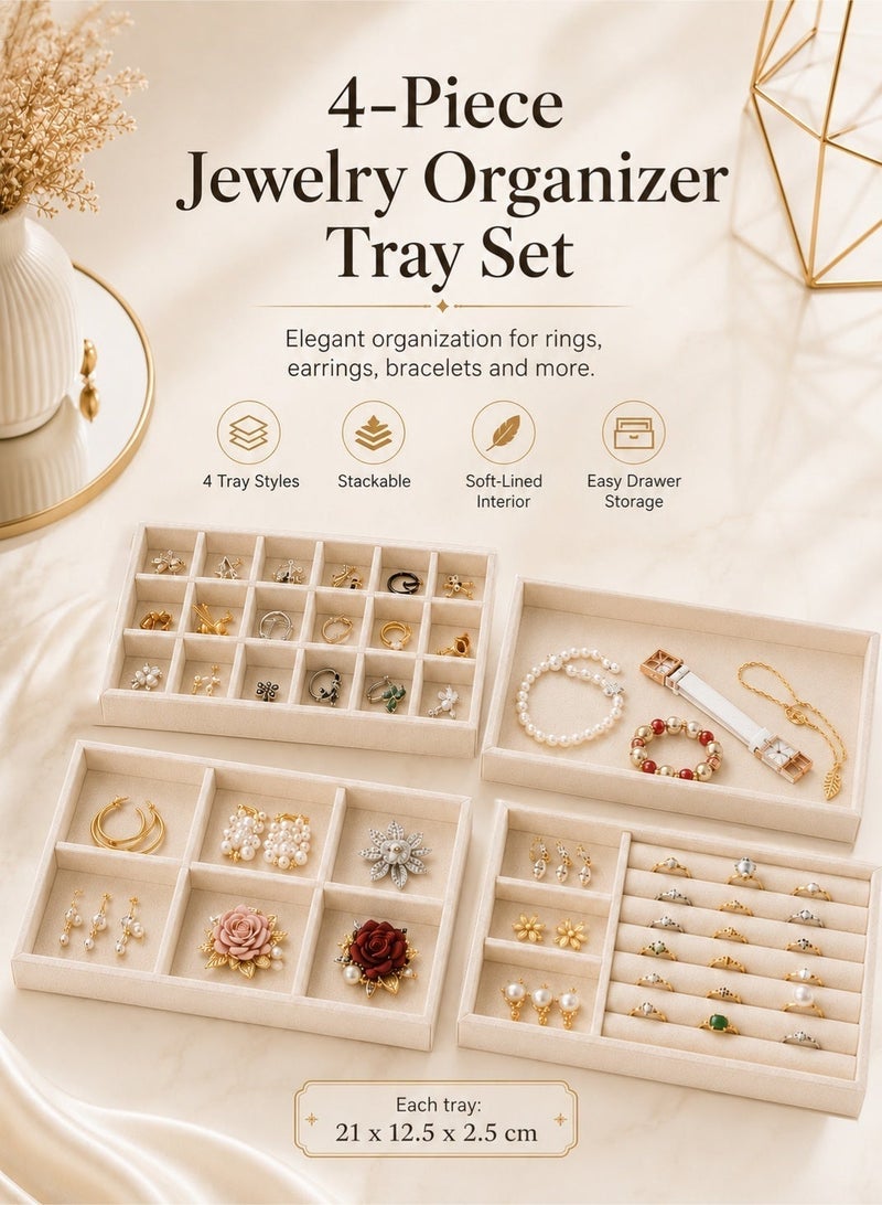 YIM-VIBEHAUS 4Pcs Stackable Jewelry Organizer Trays for Drawers Display Case Storage Container Earring Necklace Rings Bracelet with Removable Dividers Jewelry Box (Beige) - Image 1
