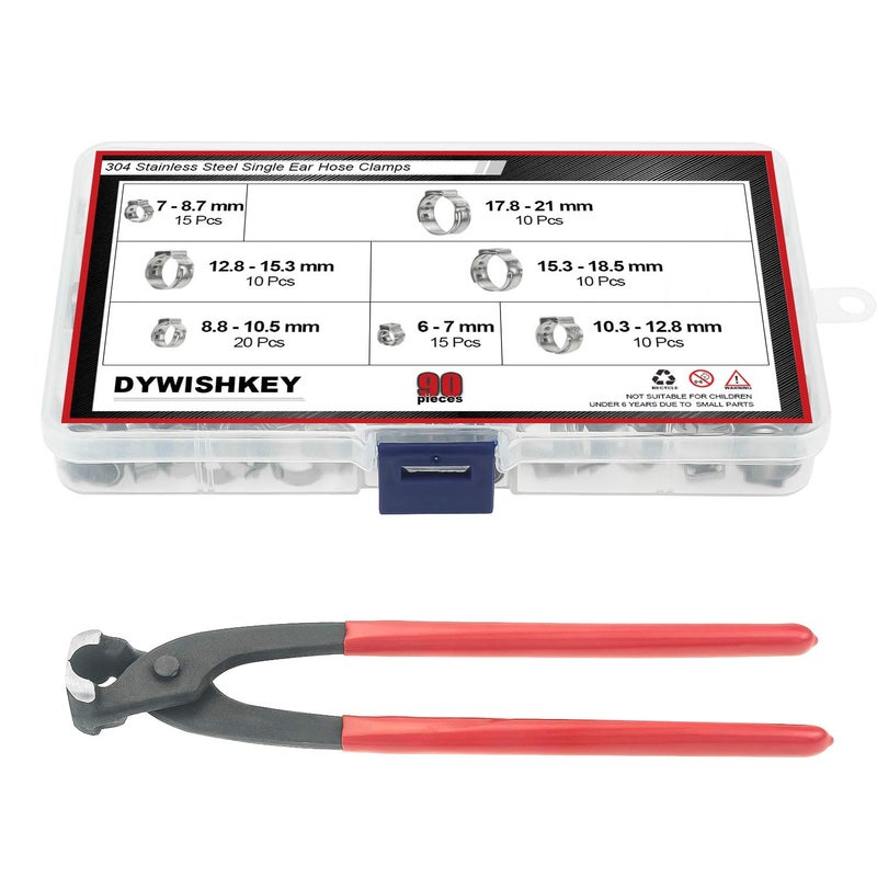 DYWISHKEY دوايشكي مشابك خرطوم من الفولاذ المقاوم للصدأ 304 بأذن واحدة مع مجموعة ملاقط (90 قطعة) - Image 5