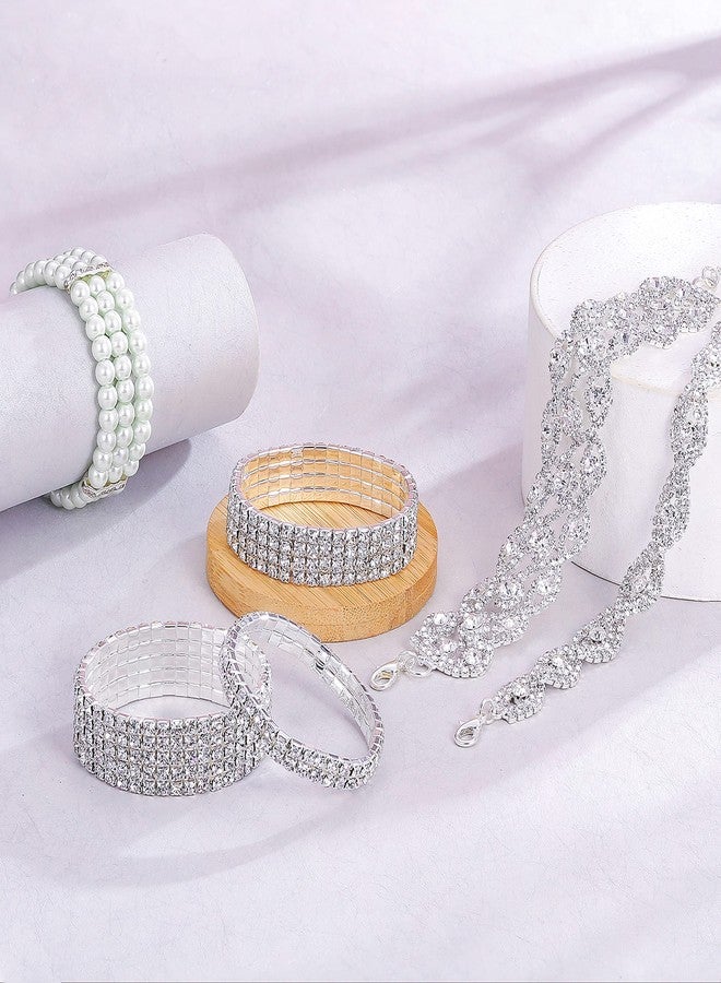 EIELO 6 Pcs Rhinestone Stretch Bracelet for Women Sparkly Clear Crystal Wedding Bridal Bridesmaid Stretch Bracelet Jewelry Stackable Elastic Pearl Multilayer Strand Link Tennis Bracelets Set - Image 5