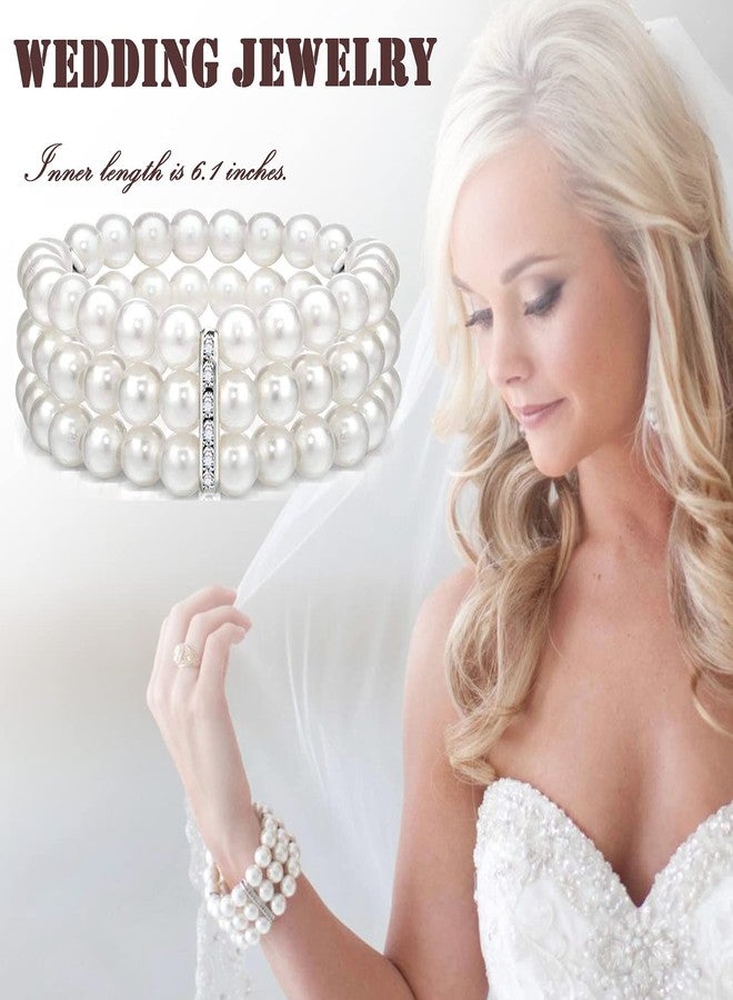 EIELO 6 Pcs Rhinestone Stretch Bracelet for Women Sparkly Clear Crystal Wedding Bridal Bridesmaid Stretch Bracelet Jewelry Stackable Elastic Pearl Multilayer Strand Link Tennis Bracelets Set - Image 3