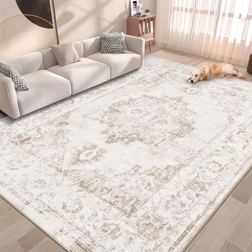 Area Rug 5x7 Vintage Rug Washable Indoor Medallion Rugs Low Pile Distressed Floor Carpet Retro Accent Rug for Living Room Bedroom Kitchen Dining Table Home OfficeBeige 5x7