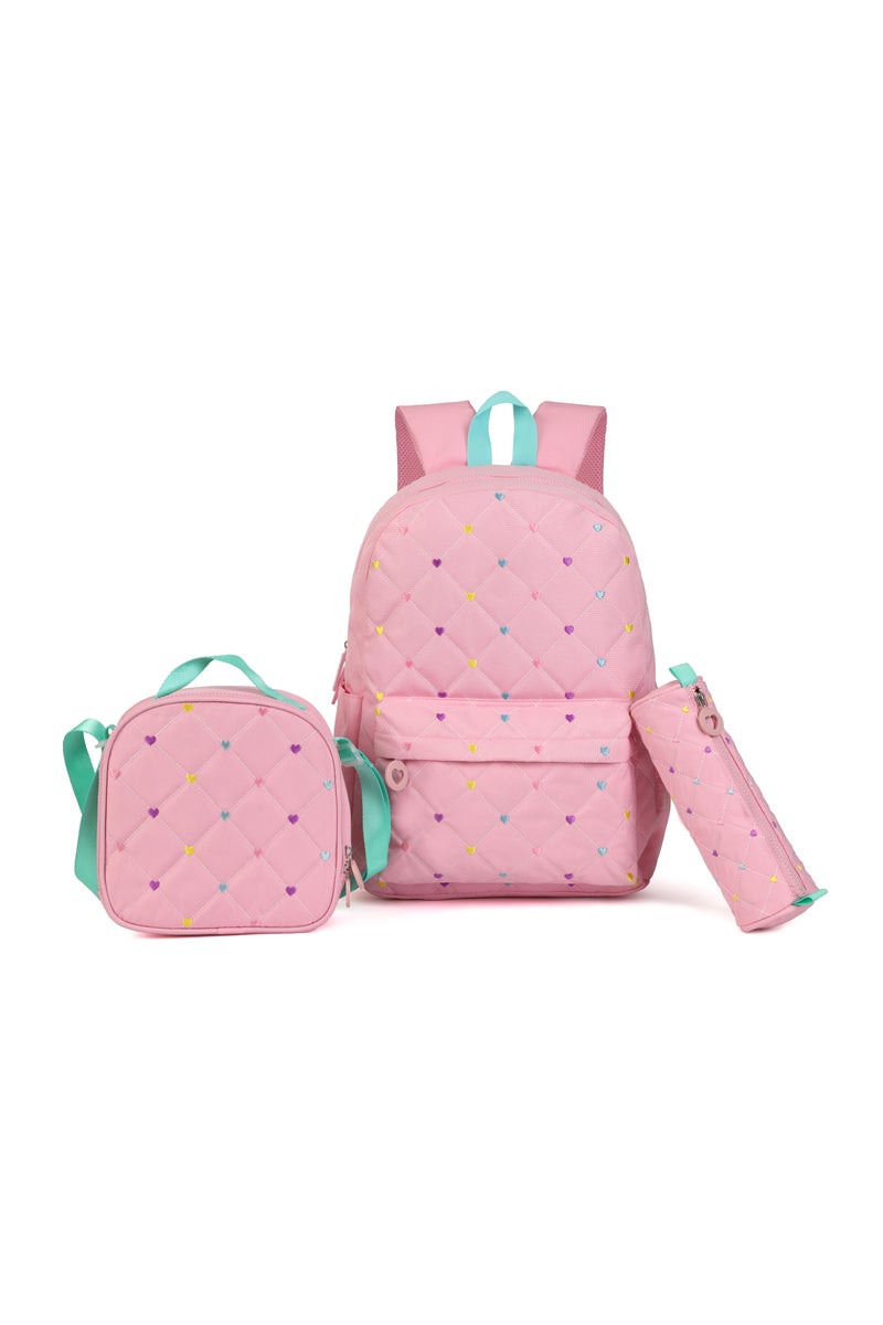 Girls 3-in-1 School Backpack Set – Lightweight Quilted Bag, Lunch Bag & Pencil Case – Pink , Adjustable Straps, Durable for Primary & Elementary Students - Image 1