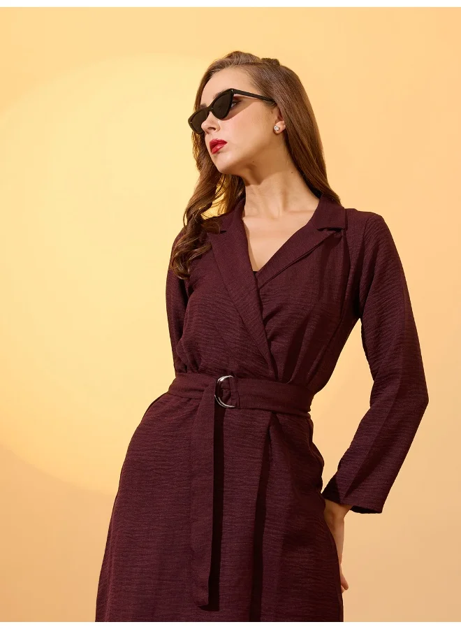 globus Globus Women Self Design Notched Collar Long Sleeves Wrap Belted Workwear Dress