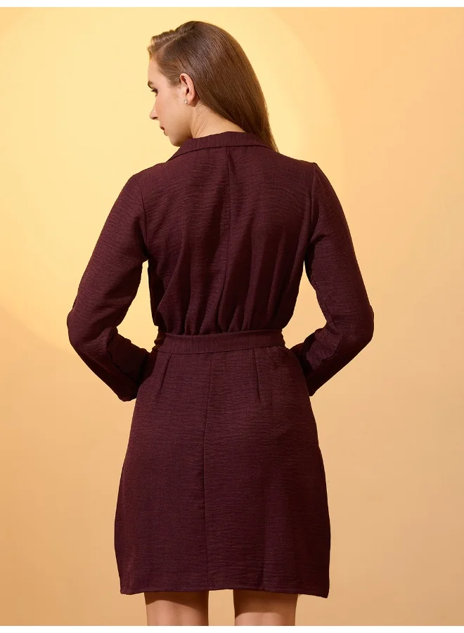 globus Globus Women Self Design Notched Collar Long Sleeves Wrap Belted Workwear Dress