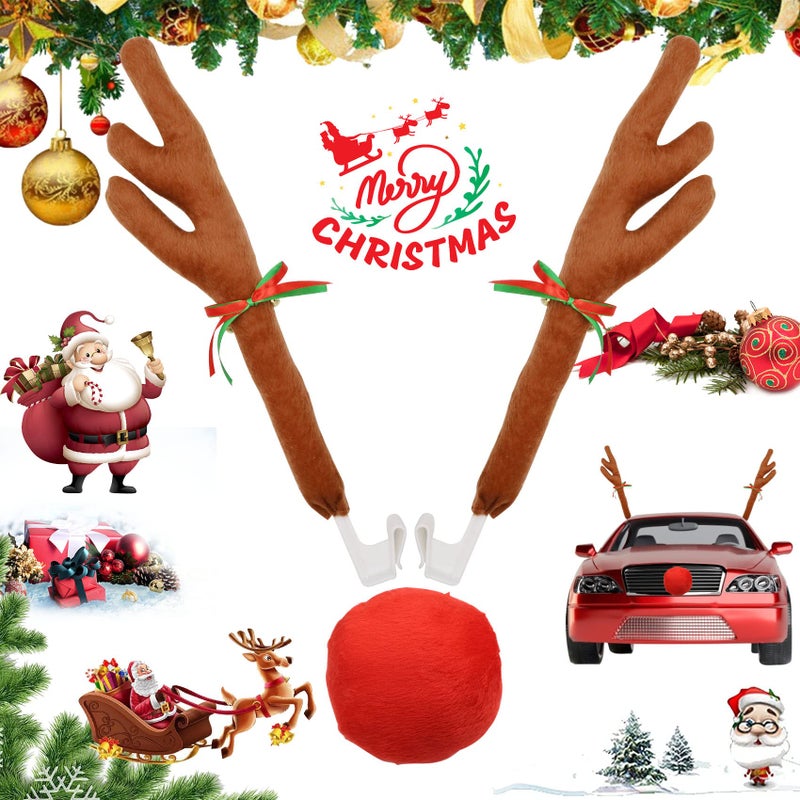 Horolas Holoras Christmas Car Decorations Car Reindeer Antlers and Nose with Jingle Bells for Window Top and Front Grille, Vehicle Christmas Decorations - Image 1