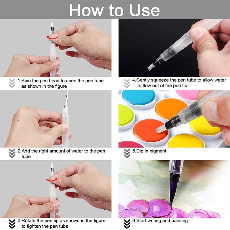 PEACORA Water Brush Pens Watercolor Brushes 6 Pcs Set with Different Size Tips Water Reservoir Pen for Watercolour Painting Oil Acrylic Painting and Calligraphy - Image 4