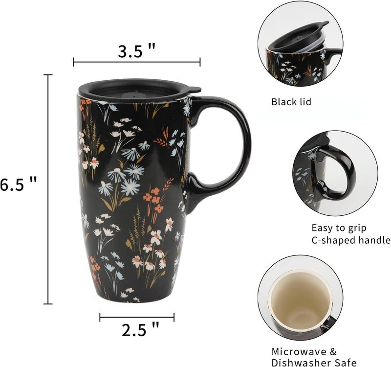 DUSVALLY Ceramic Mug Large Coffee Cup Tall Travel Mugs Porcelain Latte Tea Cup with Lid and Color Box 17ozFlowerGifts for Mom - Image 4