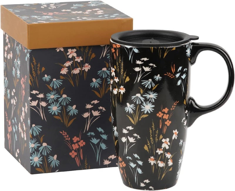 DUSVALLY Ceramic Mug Large Coffee Cup Tall Travel Mugs Porcelain Latte Tea Cup with Lid and Color Box 17ozFlowerGifts for Mom - Image 1