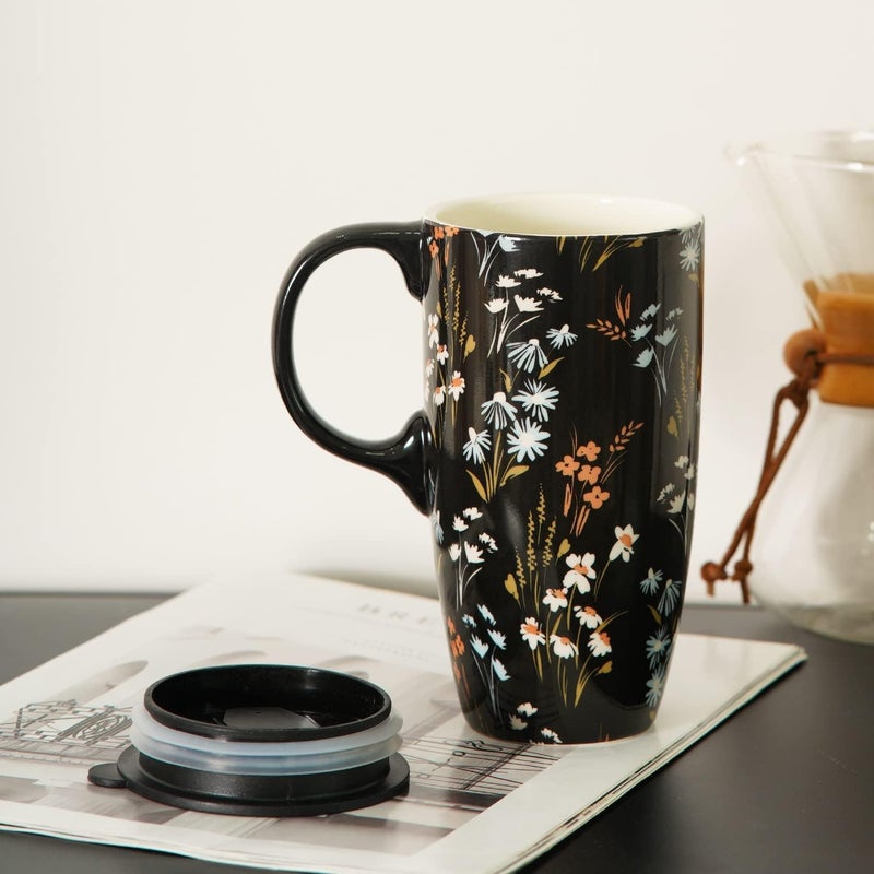 DUSVALLY Ceramic Mug Large Coffee Cup Tall Travel Mugs Porcelain Latte Tea Cup with Lid and Color Box 17ozFlowerGifts for Mom - Image 5