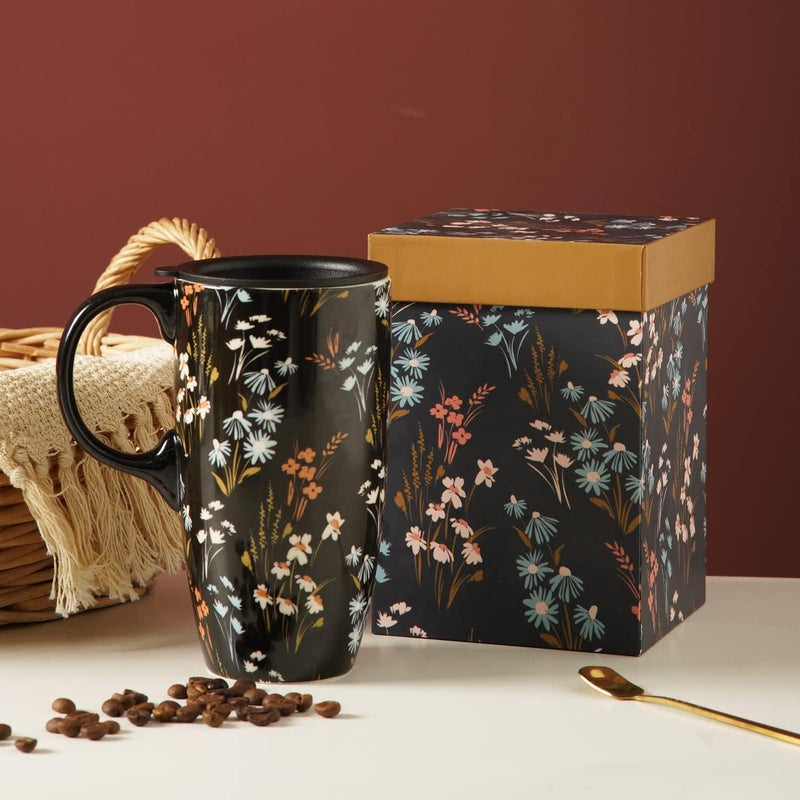 DUSVALLY Ceramic Mug Large Coffee Cup Tall Travel Mugs Porcelain Latte Tea Cup with Lid and Color Box 17ozFlowerGifts for Mom - Image 2