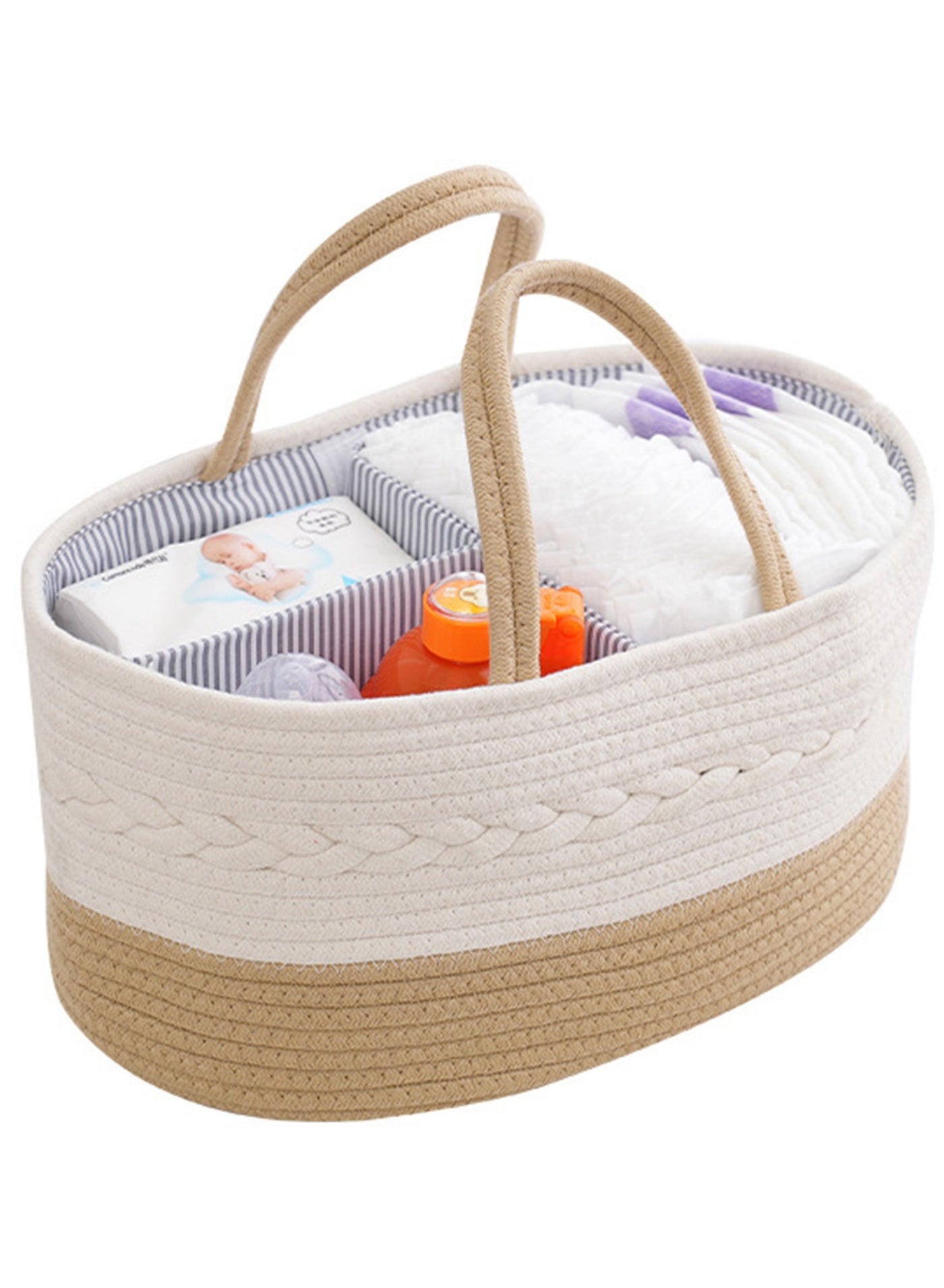 Baby Nappy Caddy, Nappy Organiser, Nursery Bohemian cotton rope storage basket, Portable Car Organizer with Removable Inserts (White/Khaki)