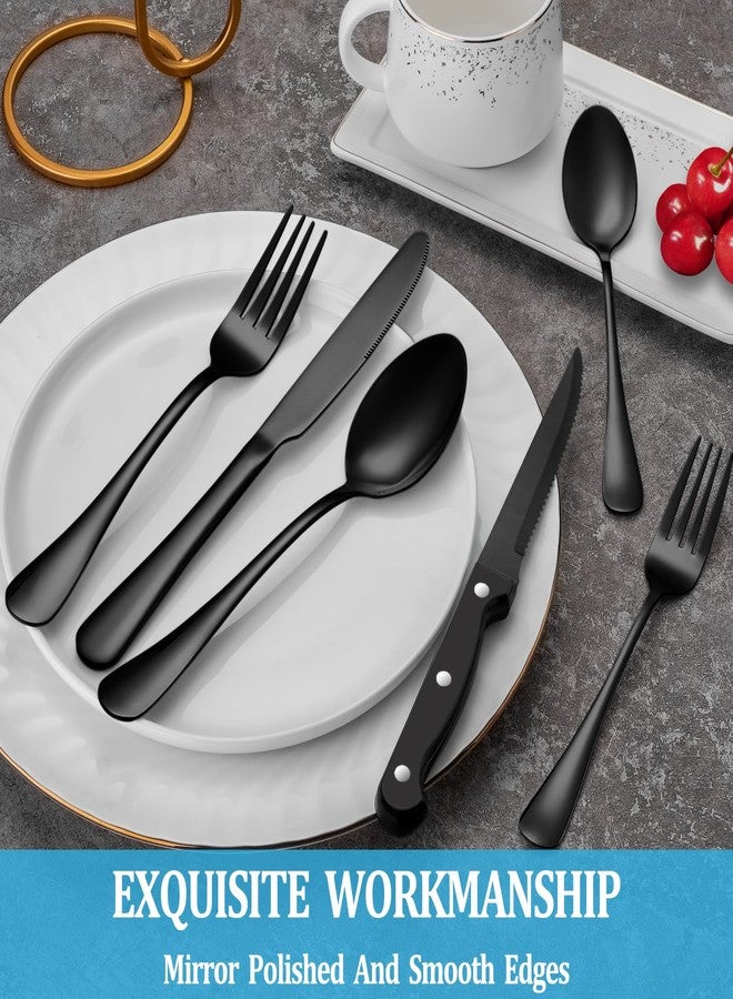 MUTNITT 24 Pcs Black Silverware Set with Steak Knives, Stainless Steel Flatware Cutlery Set Service for 4, Kitchen Tableware Set, Utensil Set for Home and Restaurant, Knives Forks Spoon Set, Dishwasher Safe - Image 4