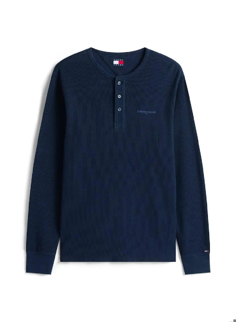 TOMMY JEANS Dark Night Navy Slim Waffle Script Henley T-Shirt for Men | Best Price UAE