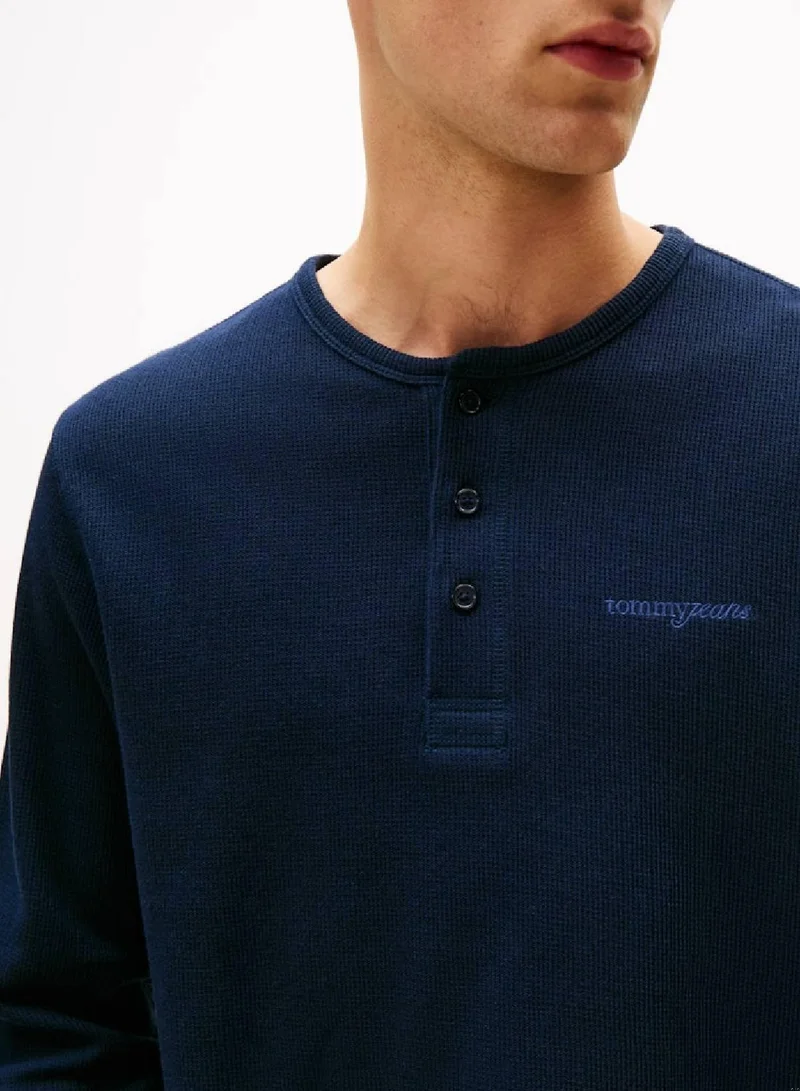 TOMMY JEANS Dark Night Navy Slim Waffle Script Henley T-Shirt for Men | Best Price UAE