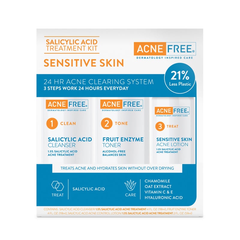 AcneFree 3 Step Acne Treatment Kit Salicylic Acid Acne Face Wash and Alcohol Free Toner with Benzoyl Peroxide Lotion, Anti Acne Solution for Teenagers and Adults for Sensitive Skin, 3 Piece Set, Tea Tree - Image 4