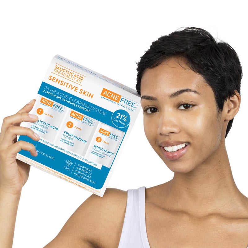 AcneFree 3 Step Acne Treatment Kit Salicylic Acid Acne Face Wash and Alcohol Free Toner with Benzoyl Peroxide Lotion, Anti Acne Solution for Teenagers and Adults for Sensitive Skin, 3 Piece Set, Tea Tree - Image 3