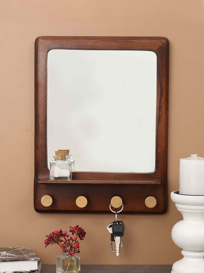 EBONY SQUARE MIRROR WITH SHELF HOOKS