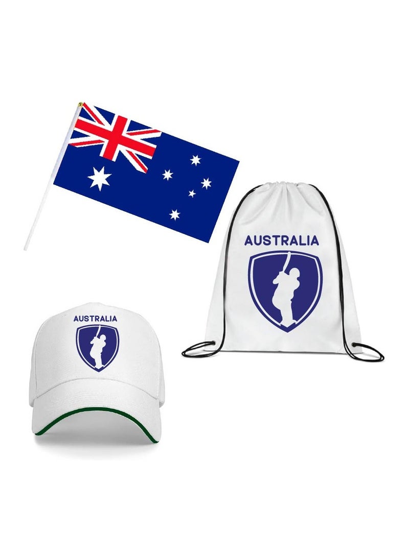 حزمة كومبو لمشجعي رياضة الكريكيت الأسترالية - عبوة من 3 قطع - حقيبة برباط وعلم يدوي وقبعة - مجموعة كومبو لعشاق الكريكيت الأسترالية - مثالية لمباريات وأحداث الكريكيت - Image 1