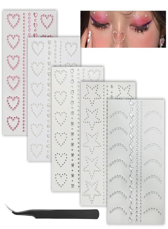 ASVNRES Self Adhesive Face Gems Pearls for Makeup, 5 Sheets 3D Star Heart Moon Shape Hair Jewels Diamonds with Tweezers, Bling Rhinestone Stickers for Crafts,Face,Nail (White red) - Image 1