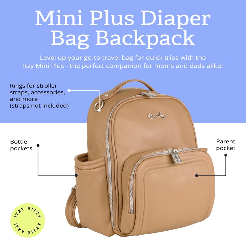 Itzy Ritzy Mini Diaper Bag Backpack â€“ Chic, Compact Mini Plus Backpack with Changing Pad, 10 Pockets (6 Internal, 4 External), Grab-Top Handle & Rubber Feet (Chai) - Image 2