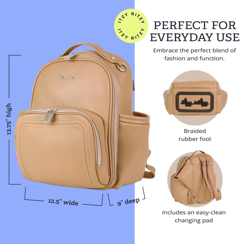 Itzy Ritzy Mini Diaper Bag Backpack â€“ Chic, Compact Mini Plus Backpack with Changing Pad, 10 Pockets (6 Internal, 4 External), Grab-Top Handle & Rubber Feet (Chai) - Image 5