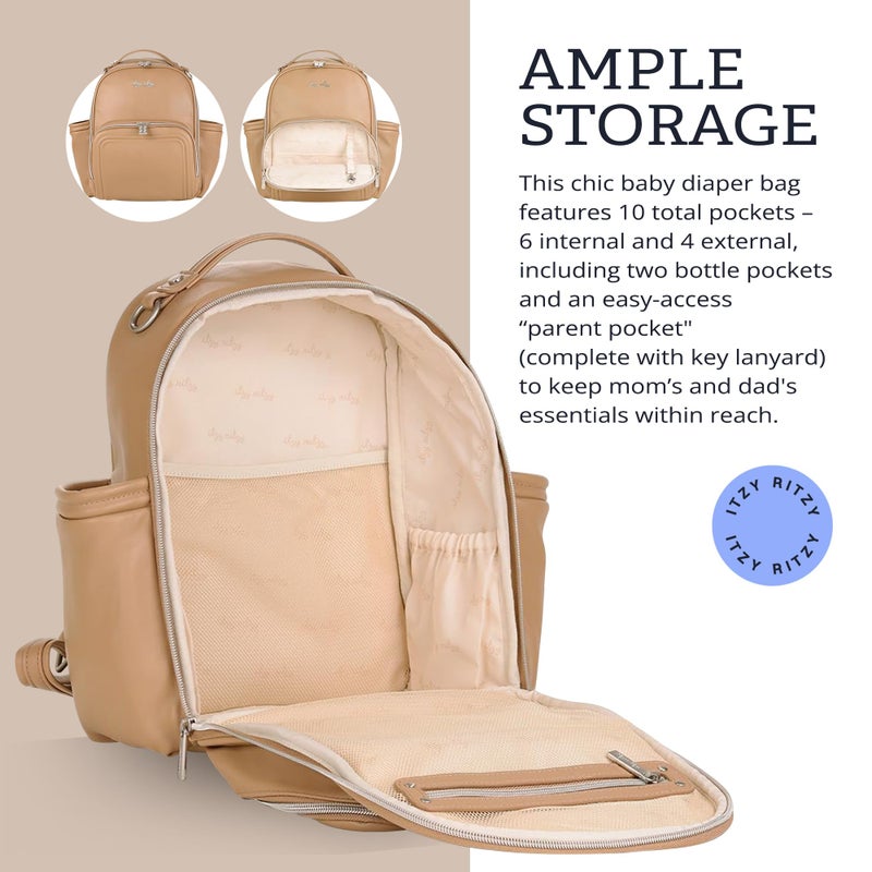 Itzy Ritzy Mini Diaper Bag Backpack â€“ Chic, Compact Mini Plus Backpack with Changing Pad, 10 Pockets (6 Internal, 4 External), Grab-Top Handle & Rubber Feet (Chai) - Image 4