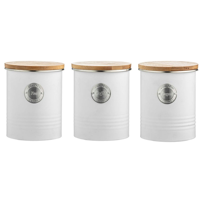EHC Arctic Set of 3 Round White Tea Coffee  Sugar Storage Container Jar With Airtight Lids 1Litre  White