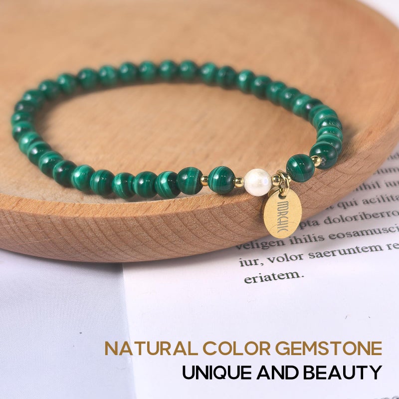 Morchic 4mm Natural Green Malachite Gemstone Beads Stretch Bracelet for Women, With Freshwater Pearls, Energy Gem Birthday Gift for Her 7.2” - Image 4