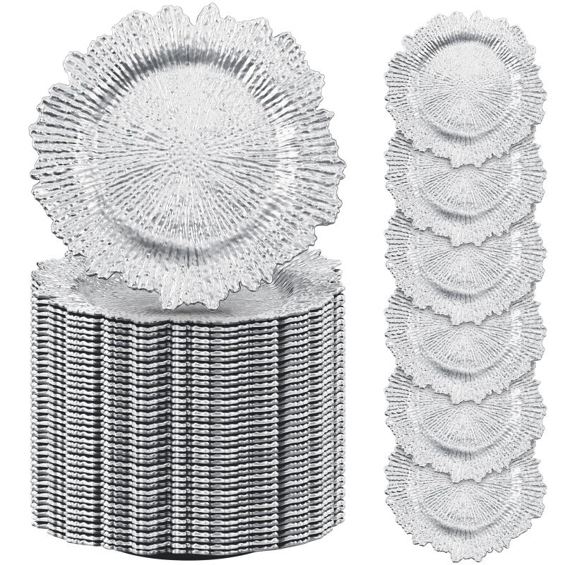 Uiifan 150 Pcs Charger Plates Bulk 13 Inch Plastic Reef Plate Matte Ruffled Rim Chargers for Dinner Round Decorative for Wedding Party Holiday Event SuppliesSilver