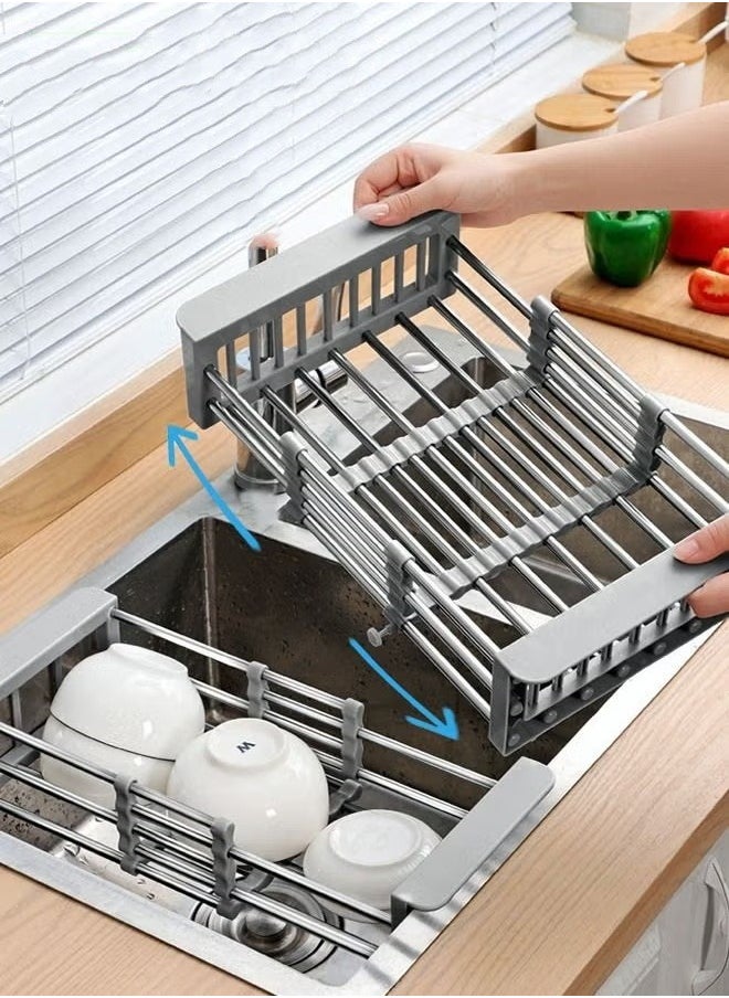 MIXDE Retractable Kitchen Sink Drain Rack Universal Size Sink Strong Load-bearing Tableware Storage Rack Fruit and Vegetable Drain Basket Stainless Steel Dishwashing Rack  - Image 1