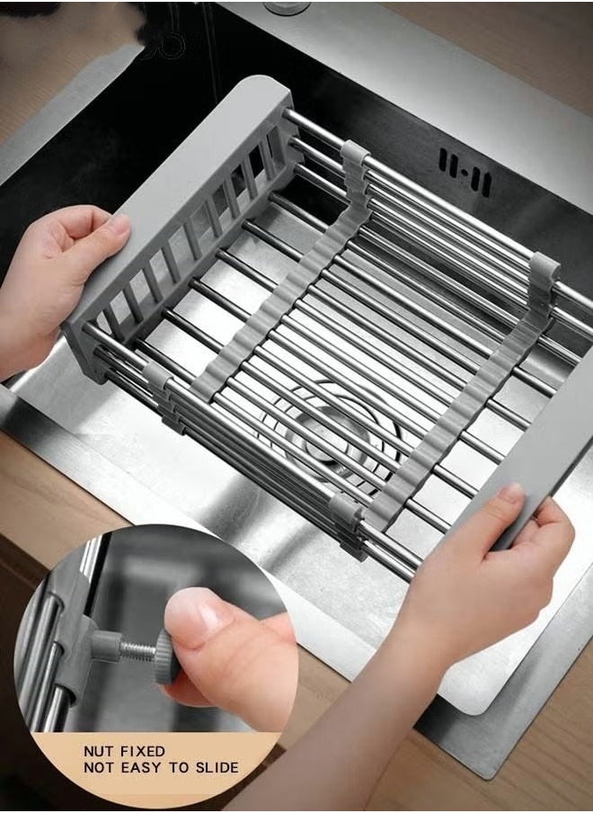 MIXDE Retractable Kitchen Sink Drain Rack Universal Size Sink Strong Load-bearing Tableware Storage Rack Fruit and Vegetable Drain Basket Stainless Steel Dishwashing Rack  - Image 5
