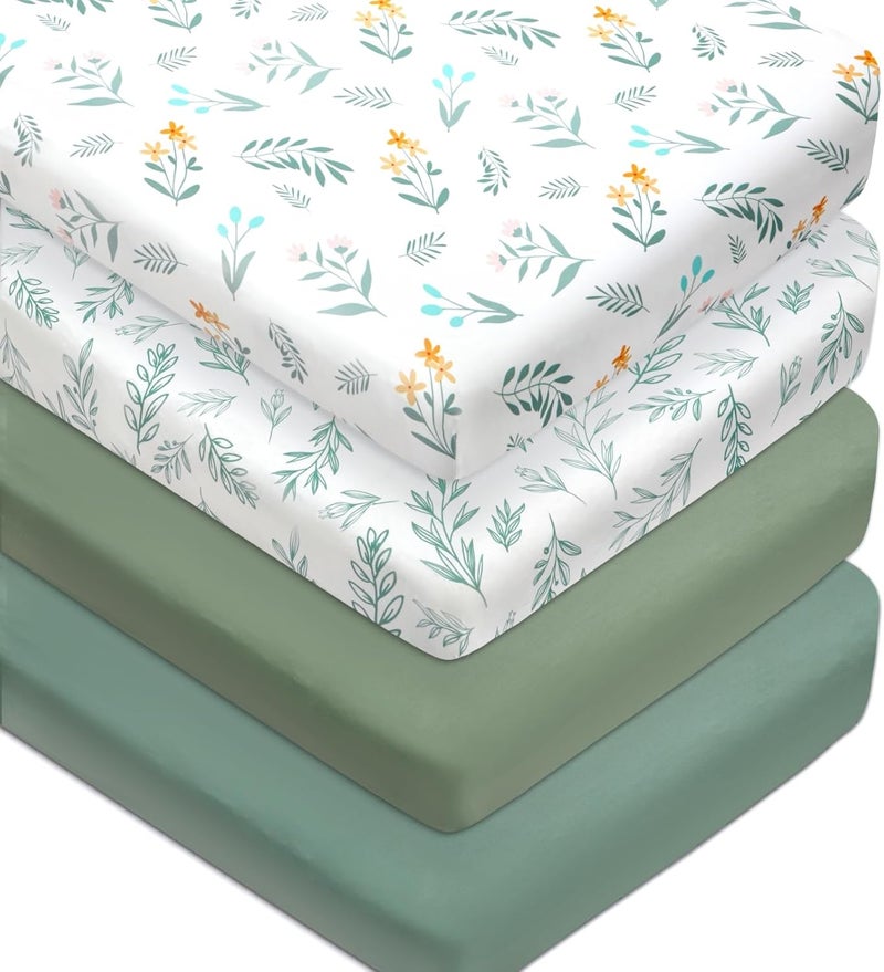 FIGEPO 4 Pack Sage Green Fitted Nursery Sheets Breathable Neutral Unisex Baby Sheets for Boys or Girls with Leaf and Flower Design Standard Crib Sheet Green Crib Sheet - Image 1