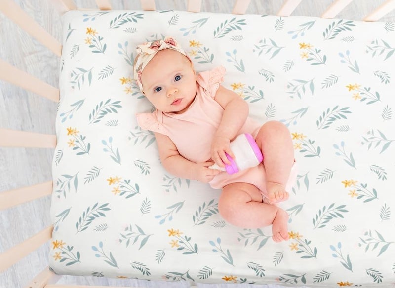 FIGEPO 4 Pack Sage Green Fitted Nursery Sheets Breathable Neutral Unisex Baby Sheets for Boys or Girls with Leaf and Flower Design Standard Crib Sheet Green Crib Sheet - Image 4