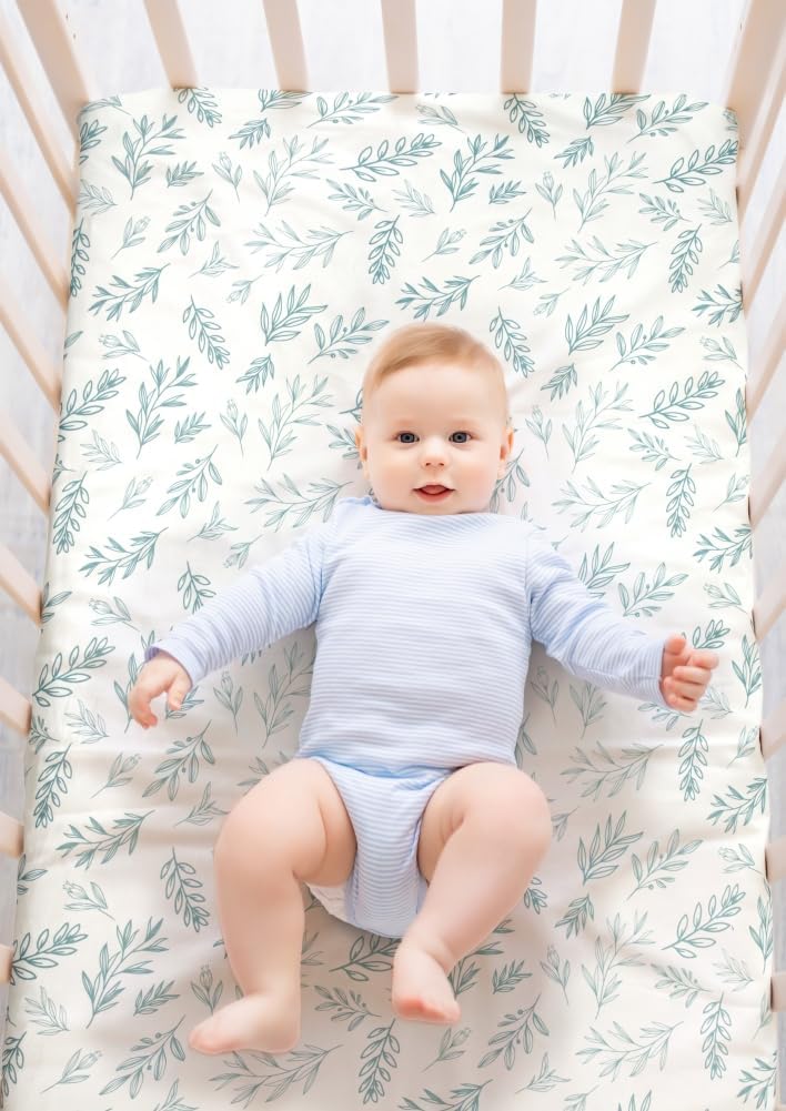 FIGEPO 4 Pack Sage Green Fitted Nursery Sheets Breathable Neutral Unisex Baby Sheets for Boys or Girls with Leaf and Flower Design Standard Crib Sheet Green Crib Sheet - Image 2