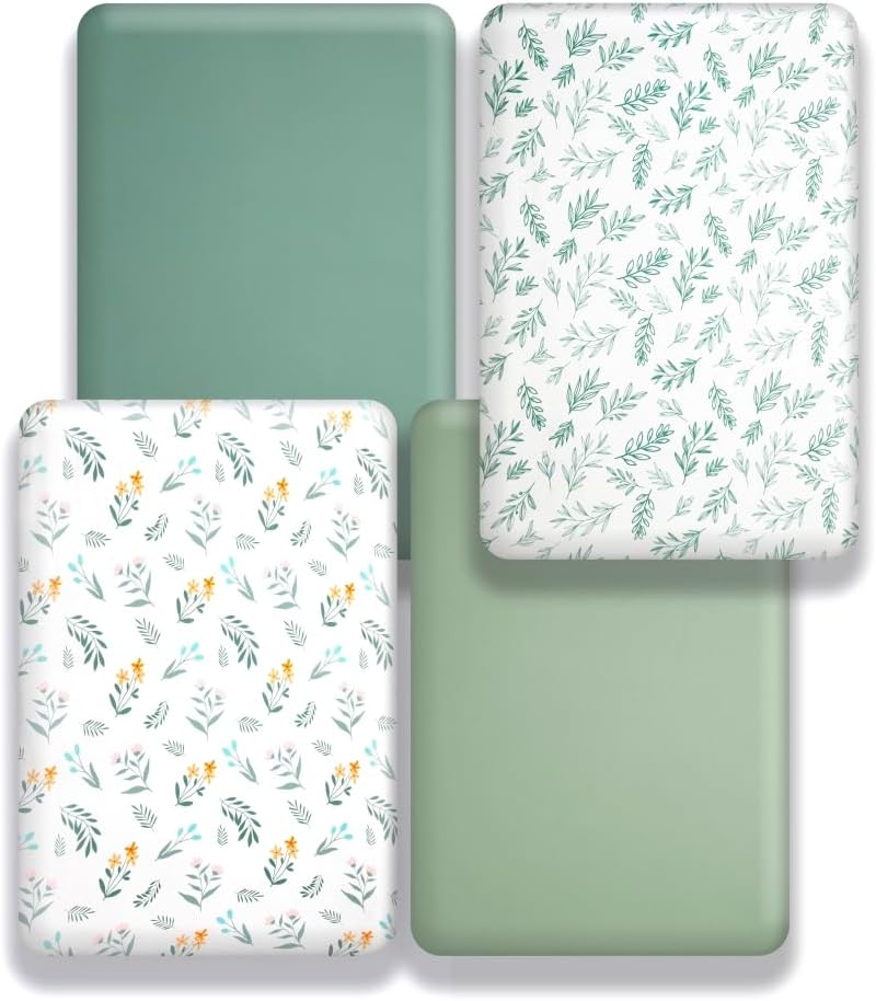 FIGEPO 4 Pack Sage Green Fitted Nursery Sheets Breathable Neutral Unisex Baby Sheets for Boys or Girls with Leaf and Flower Design Standard Crib Sheet Green Crib Sheet - Image 5