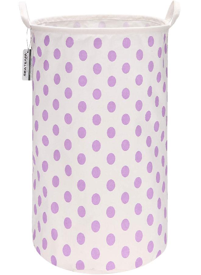 Sea Team 19.7 Inches Large Sized Waterproof Coating Ramie Cotton Fabric Folding Laundry Hamper Bucket Cylindric Burlap Canvas Storage Basket with Stylish Polka Dot Design (19.7", Purple) - Image 1