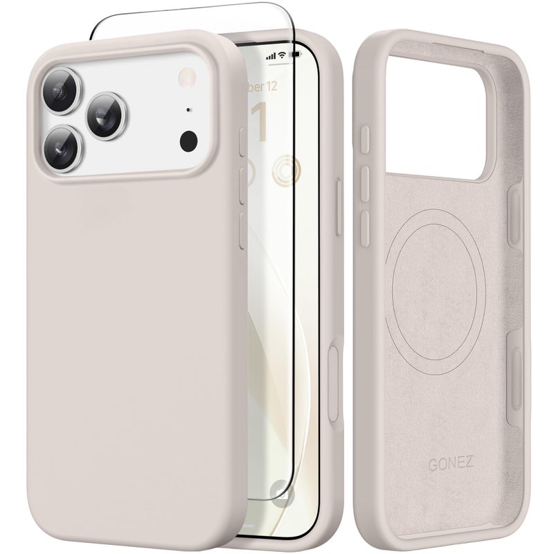 GONEZ Magnetic for iPhone 17 Pro Max Case, Compatible with MagSafe, [Screen Protector + Camera Lens Protector], Liquid Silicone Anti-Scratch Shockproof Protective Phone Case 6.9 inch, Stone - Image 1